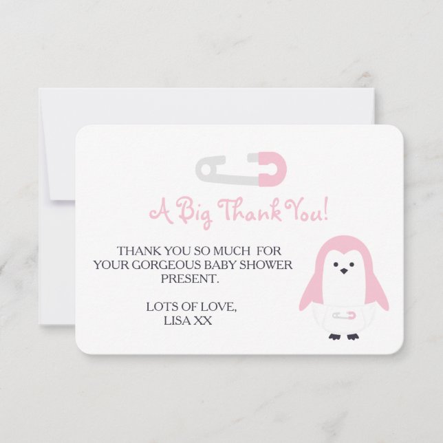 Invitación Baby Pink Penguin Gracias (Anverso)