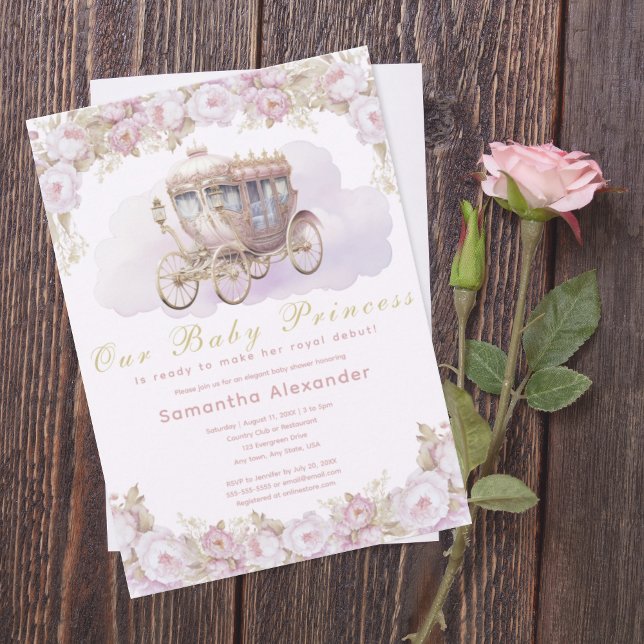 Invitación Baby Princess Pink Baby Shower (Baby princess pink floral and princess carriage baby shower invitation.  Baby girl. Royal debut.)