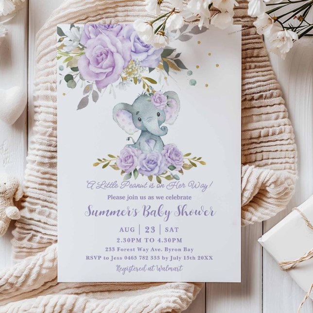 Invitación Baby Purple Floral Cute Elephant Chica Baby Shower (Subido por el creador)