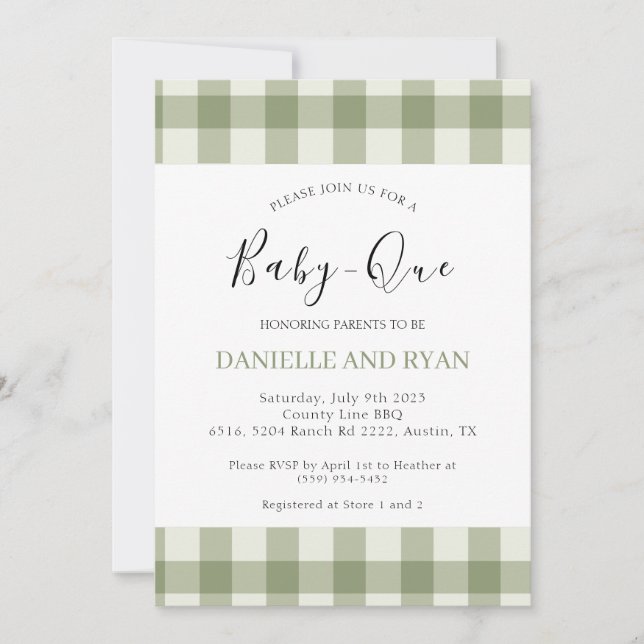 Invitación Baby Q Baby Shower Barbecuate Checkered Sage Green (Anverso)