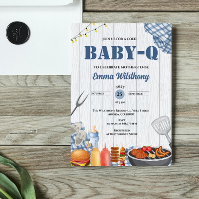 Invitación Baby-Q Baby Shower Boy Rustic BBQ Backyard Plaid  (Baby-Q bbq rustic barbecue picnic spring summer garden party barbeque baby shower invitation boy )