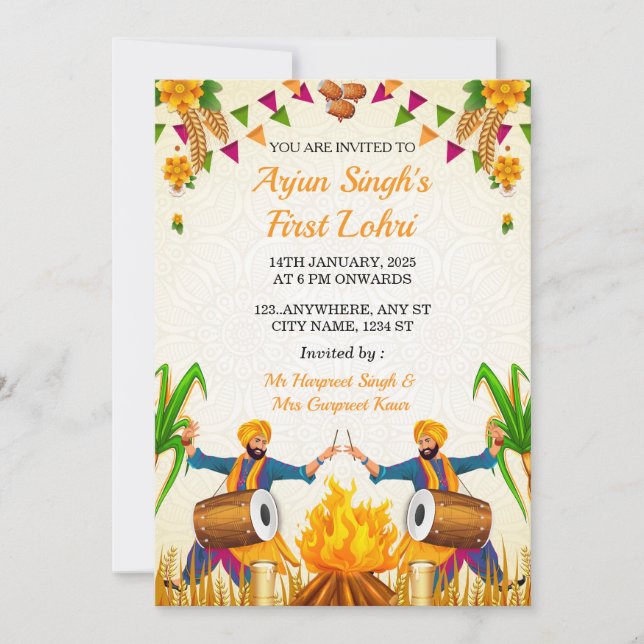 Invitación Baby’s First Lohri Invitation, Punjabi Lohri Card (Anverso)