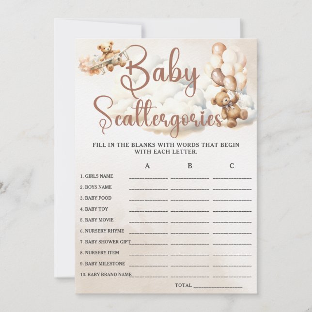 Invitación BABY SCATTERGORIES Baby Shower Game Cute Bear (Anverso)