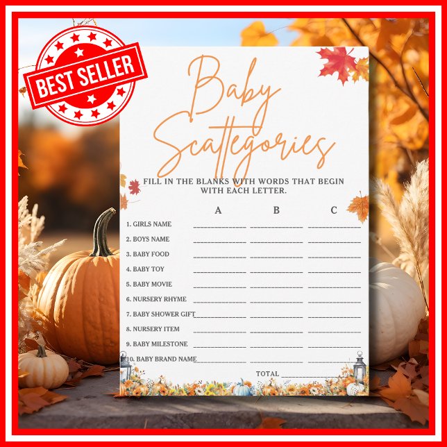 Invitación BABY SCATTERGORIES Juego Baby Shower POCO PUMPKIN (BABY SCATTERGORIES Easy Baby Shower Game A Little Pumpkin is on the Way Fall Autumn Theme)