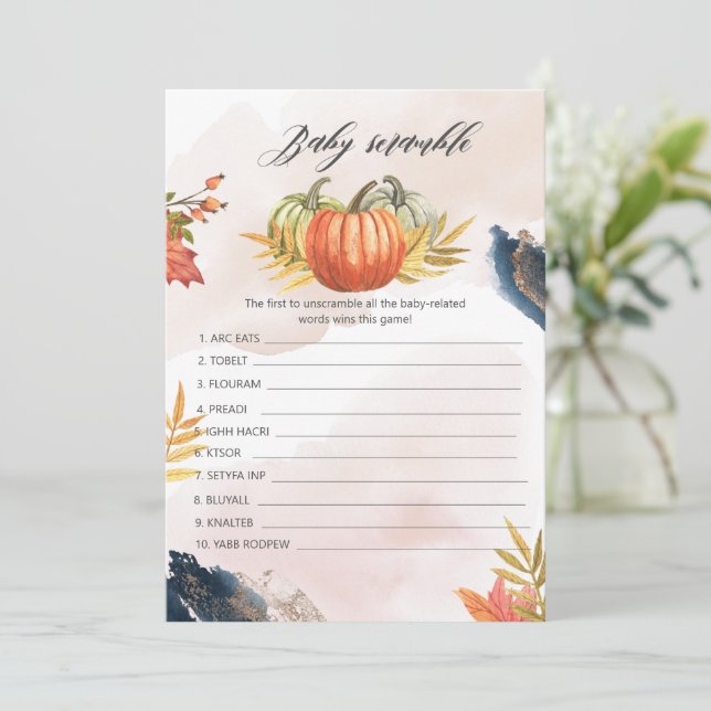 Invitación Baby Scramble Fall Pumpkin Baby Shower Game Card (Anverso de pie)