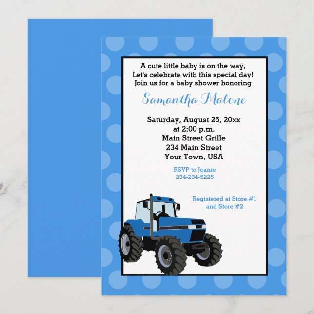 Invitación Baby Shower #2 de la granja de tractore (Anverso / Reverso)