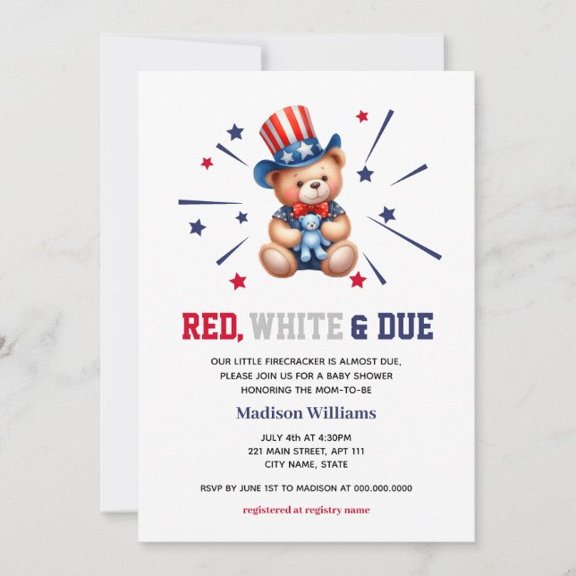 Invitación Baby Shower 4 De Julio Oso Blanco Rojo Debido (Anverso)