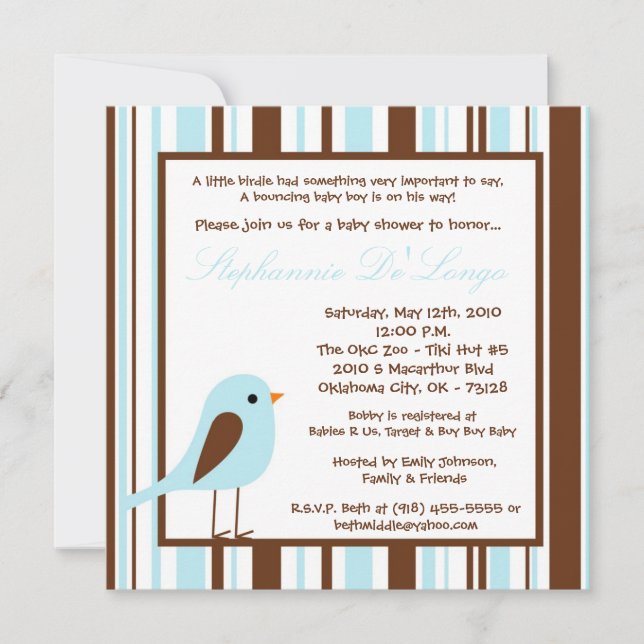 Invitación Baby Shower 5x5 Blue Boy Woodland Bird (Anverso)