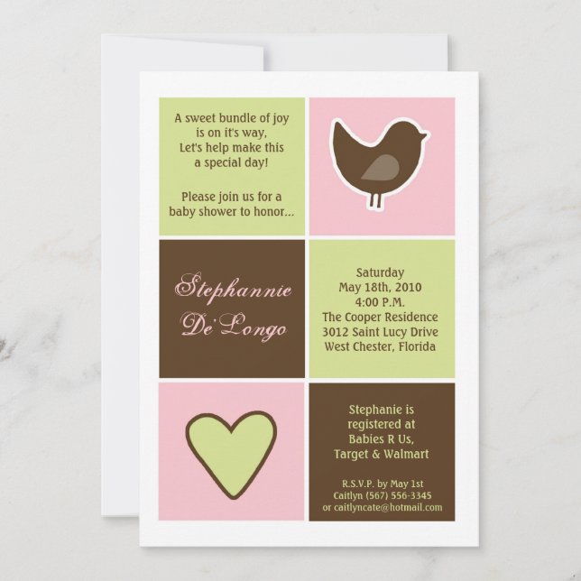 Invitación Baby Shower 5x7 Bird and Heart Blocks (Anverso)