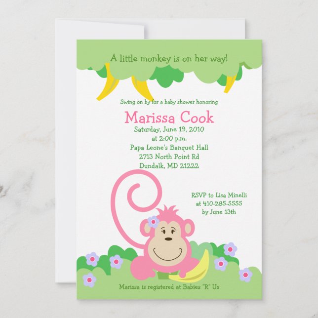 Invitación Baby Shower 5x7 Chica de la jungla de monos rosado (Anverso)