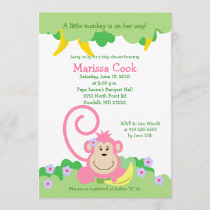 Invitación Baby Shower 5x7 Chica de la jungla de monos rosado