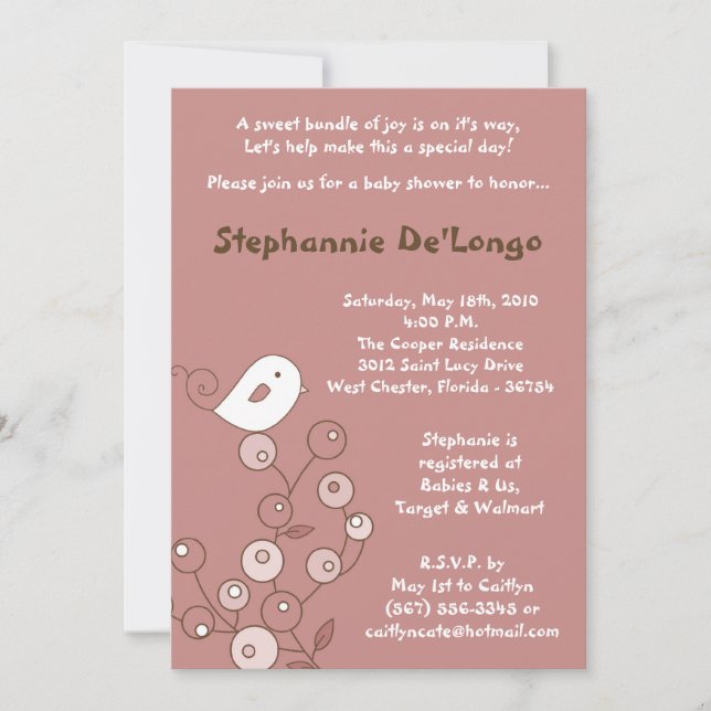 Invitación Baby Shower 5x7 de Retro de Pájaro Rosa (Anverso)