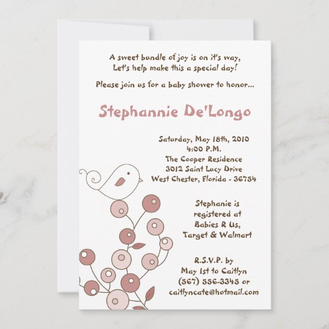 Invitación Baby Shower 5x7 de Retro de Pájaro Rosa (Anverso)