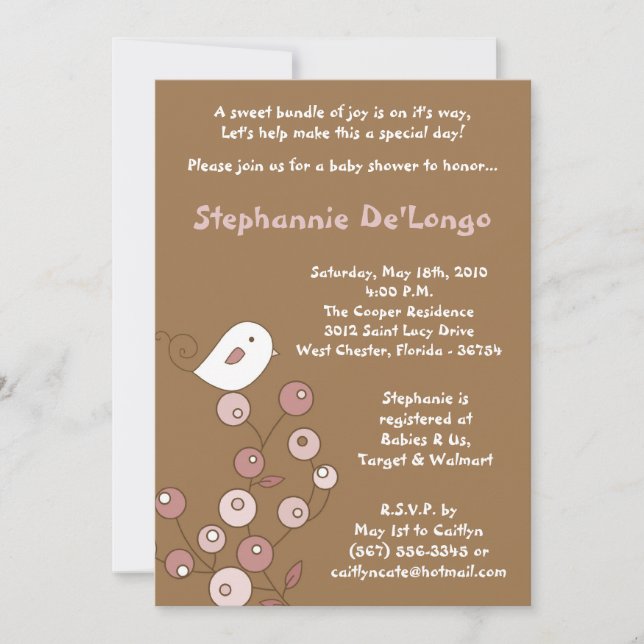 Invitación Baby Shower 5x7 de Retro de Pájaro Rosa (Anverso)
