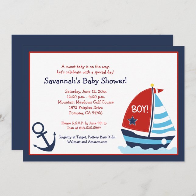Invitación Baby Shower 5x7 en barco de vela rojo y (Anverso / Reverso)
