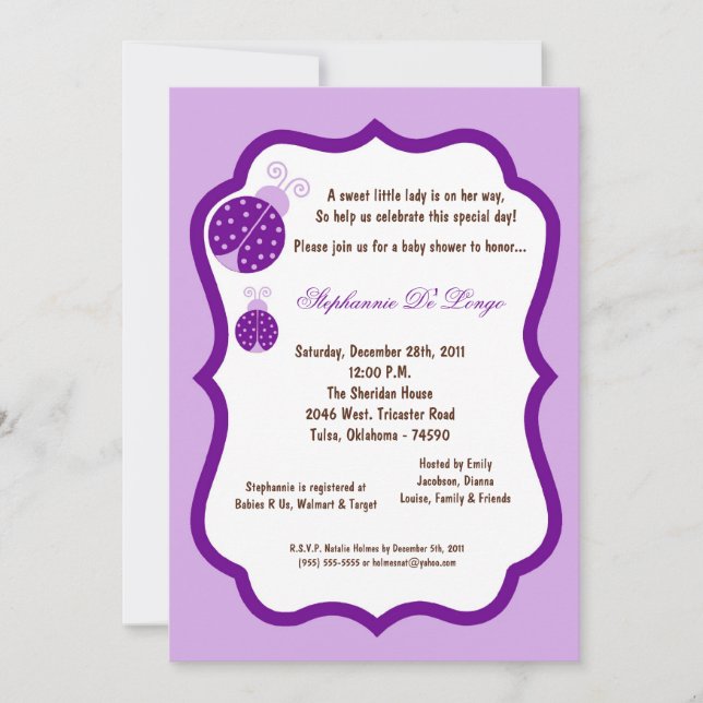 Invitación Baby Shower 5x7 Light Purple Lady Bug (Anverso)