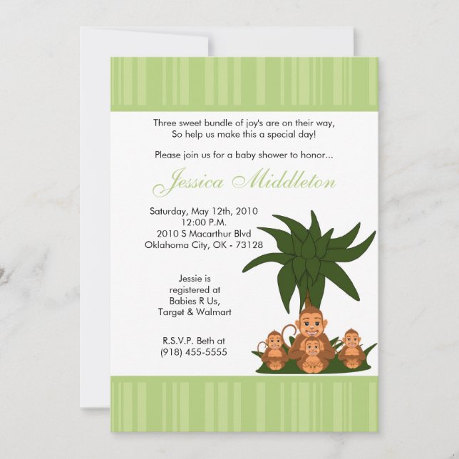 Invitación Baby Shower 5x7 Mama y TRIPLET Monke (Anverso)