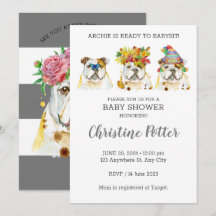 Invitación Baby Shower a acuarela de Bulldog inglé