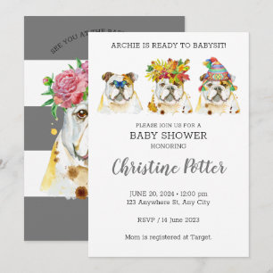 Invitación Baby Shower a acuarela de Bulldog inglé