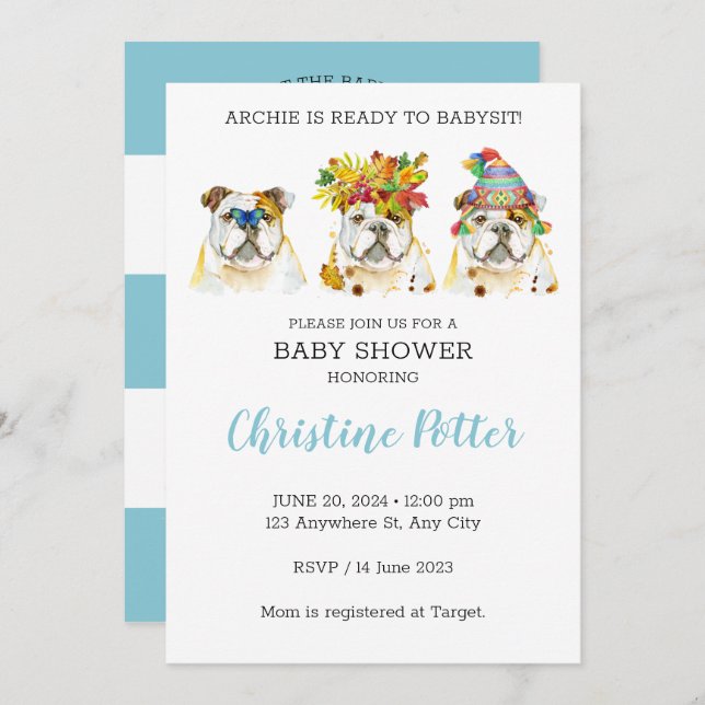 Invitación Baby Shower a acuarela de Bulldog inglé (Anverso / Reverso)