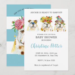 Invitación Baby Shower a acuarela de Bulldog inglé