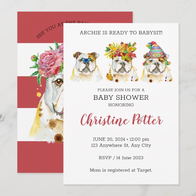 Invitación Baby Shower a acuarela de Bulldog inglé (Anverso / Reverso)