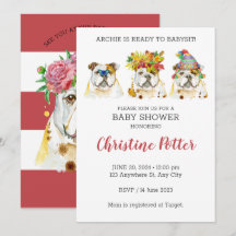Invitación Baby Shower a acuarela de Bulldog inglé