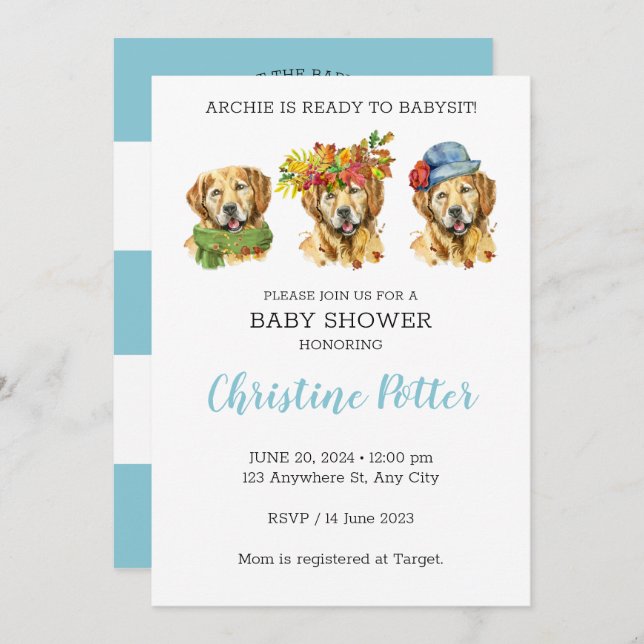 Invitación Baby Shower a acuarela de Golden Retrie (Anverso / Reverso)