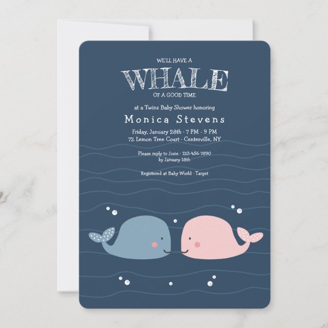 Invitación Baby Shower a ballenas gemelas (Anverso)