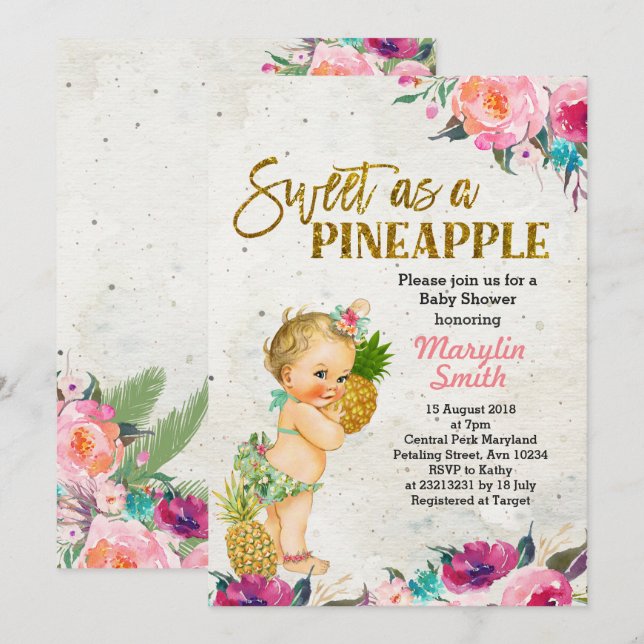 Invitación Baby Shower a Beach Pineapple (Anverso / Reverso)