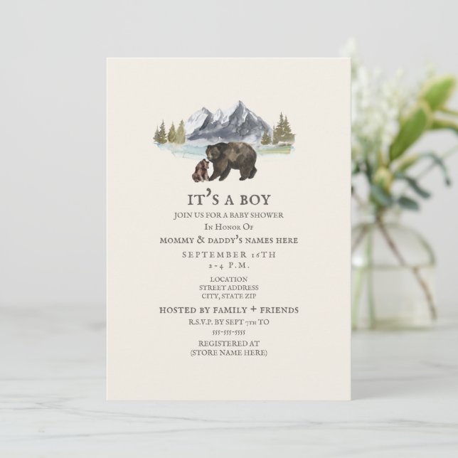 Invitación Baby Shower a Bears Mountain Watercolor (Anverso de pie)