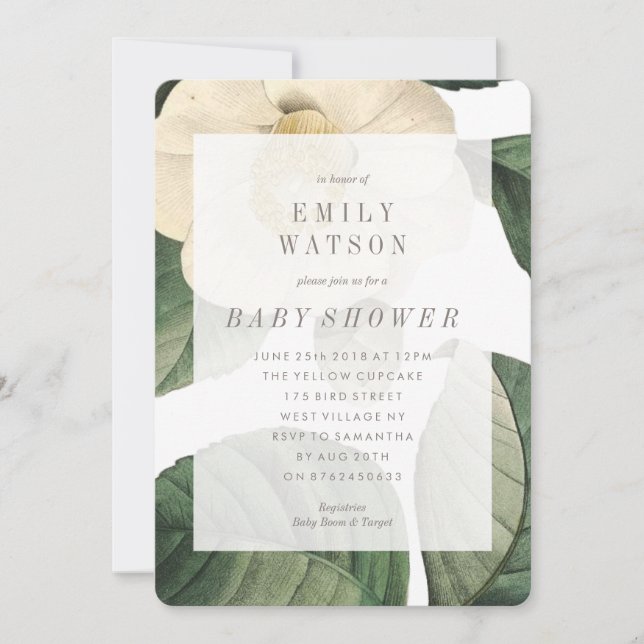 Invitación Baby Shower a Big White Green Flower (Anverso)