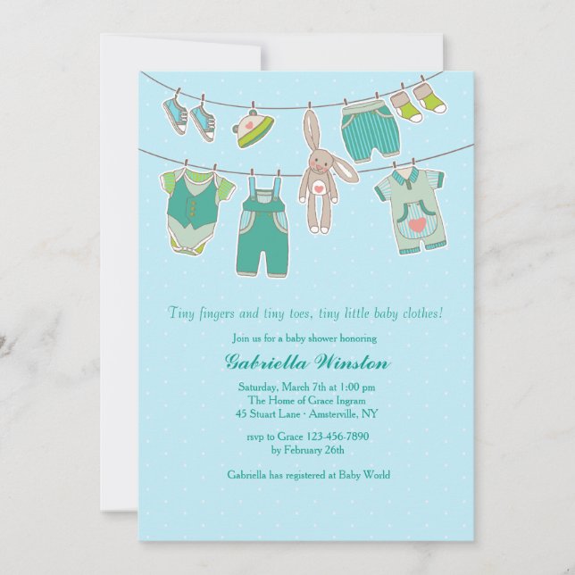 Invitación Baby Shower a Bunny Clothesline (Anverso)