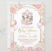 Invitación Baby Shower a carrusel mágico rosa y do