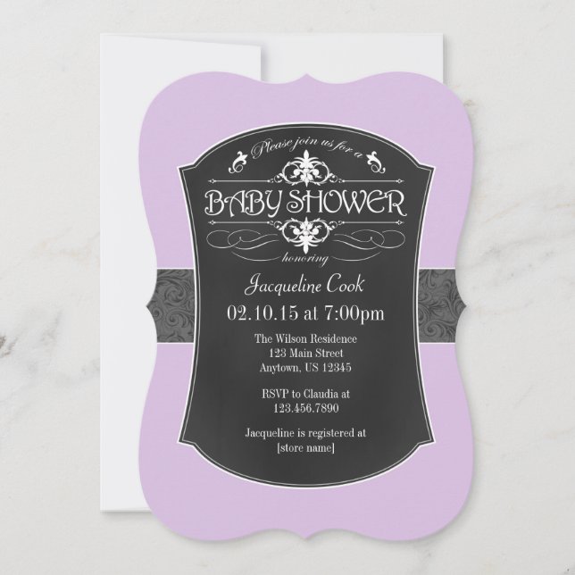 Invitación Baby Shower a Chalkboard Gris Lavender (Anverso)