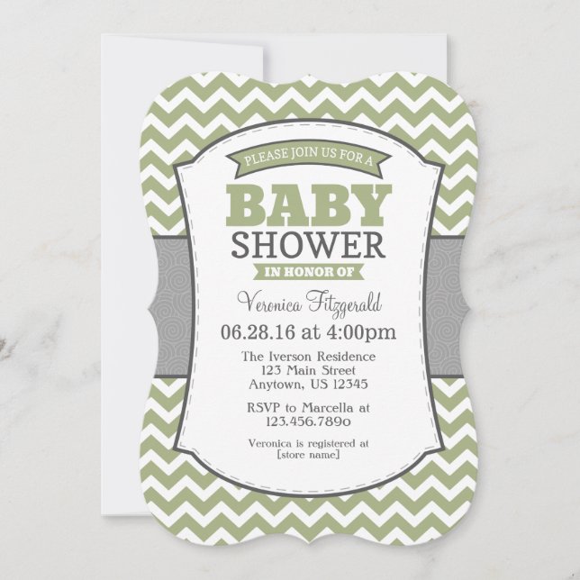 Invitación Baby Shower a Chevron Gris Sage Olive (Anverso)