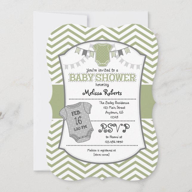 Invitación Baby Shower a Chevron Gris Sage Olive (Anverso)