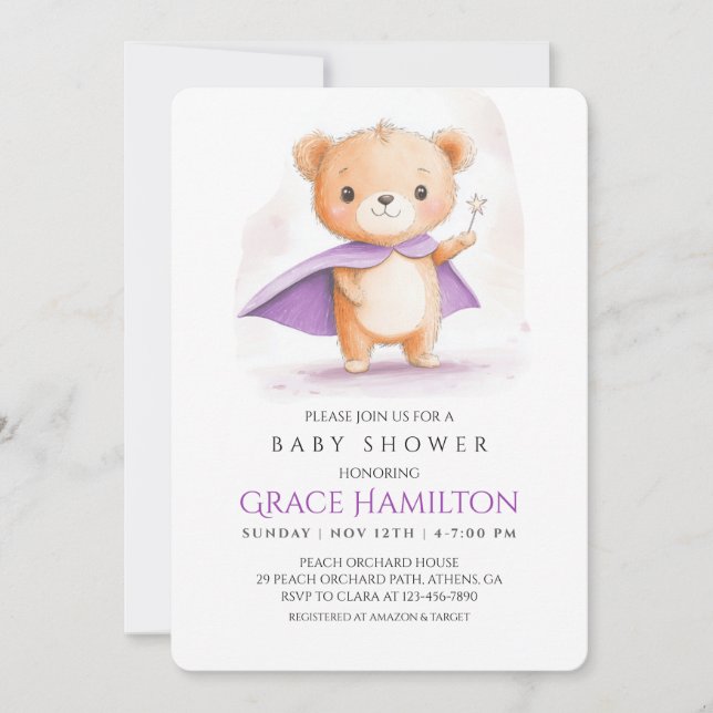 Invitación Baby Shower a Chica del oso mágico mora (Anverso)