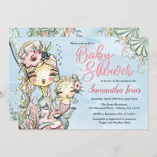 Invitación Baby Shower a color de agua de sirena (Anverso / Reverso)