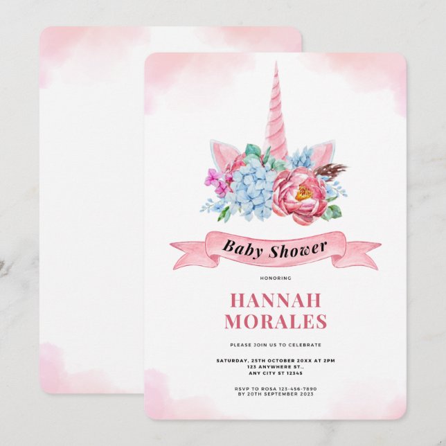 Invitación Baby Shower a color de agua rosa blanco (Anverso / Reverso)