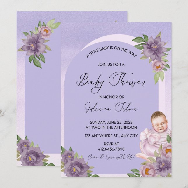 Invitación Baby Shower a color morado (Anverso / Reverso)