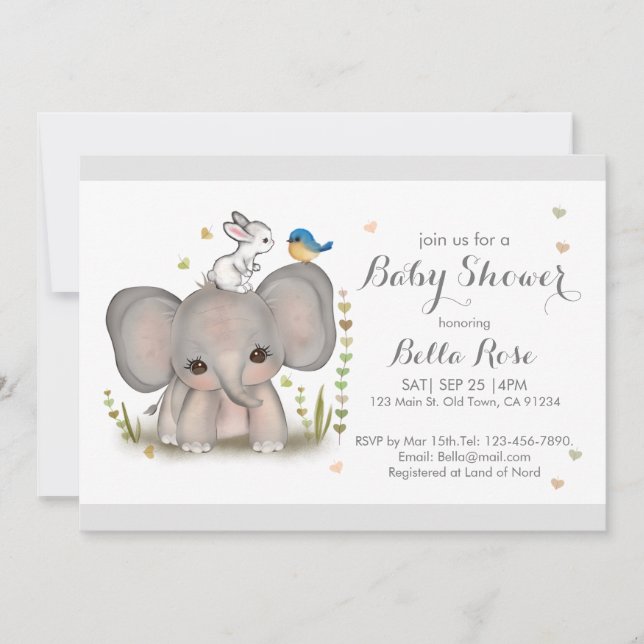 Invitación Baby Shower a conejo de elefante blanco (Anverso)