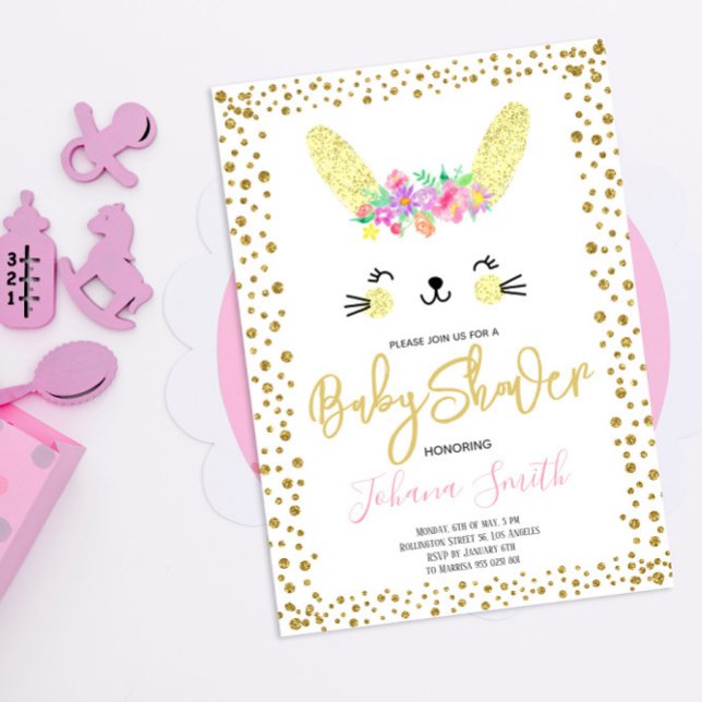 Invitación Baby Shower a Confetti de oro de conejo (Subido por el creador)