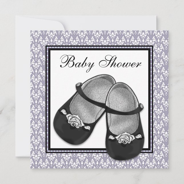 Invitación Baby Shower a Damask Gray Purple Lavend (Anverso)