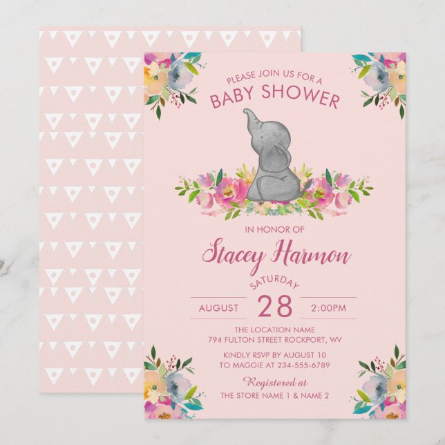 Invitación Baby Shower a Elefante Floral Girly Pin (Anverso / Reverso)