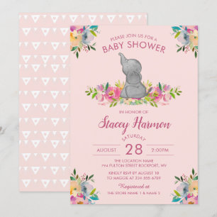 Invitación Baby Shower a Elefante Floral Girly Pin