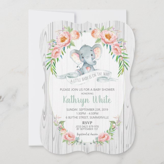 Invitación Baby Shower a elefante floral Neutral (Anverso)