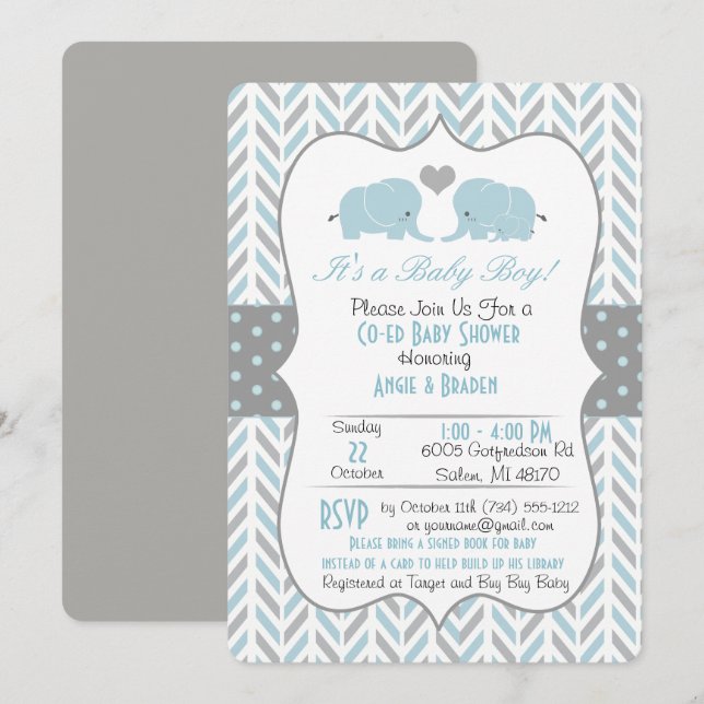 Invitación Baby Shower a Elefante Gris Azul (Anverso / Reverso)