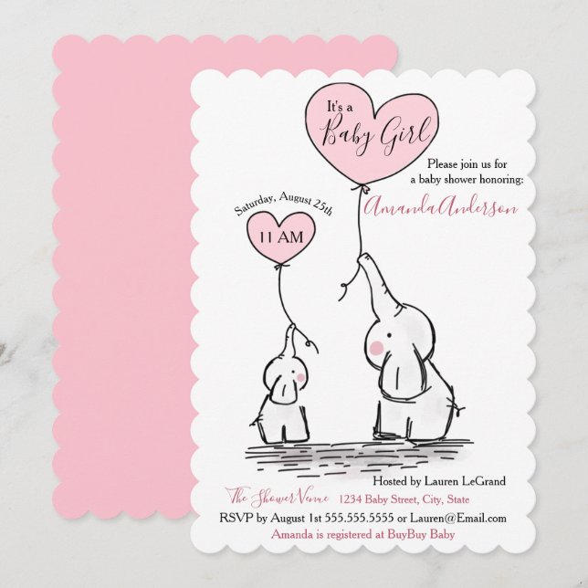 Invitación Baby Shower a Elefante Gris Blanco y Ro (Anverso / Reverso)