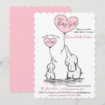 Invitación Baby Shower a Elefante Gris Blanco y Ro